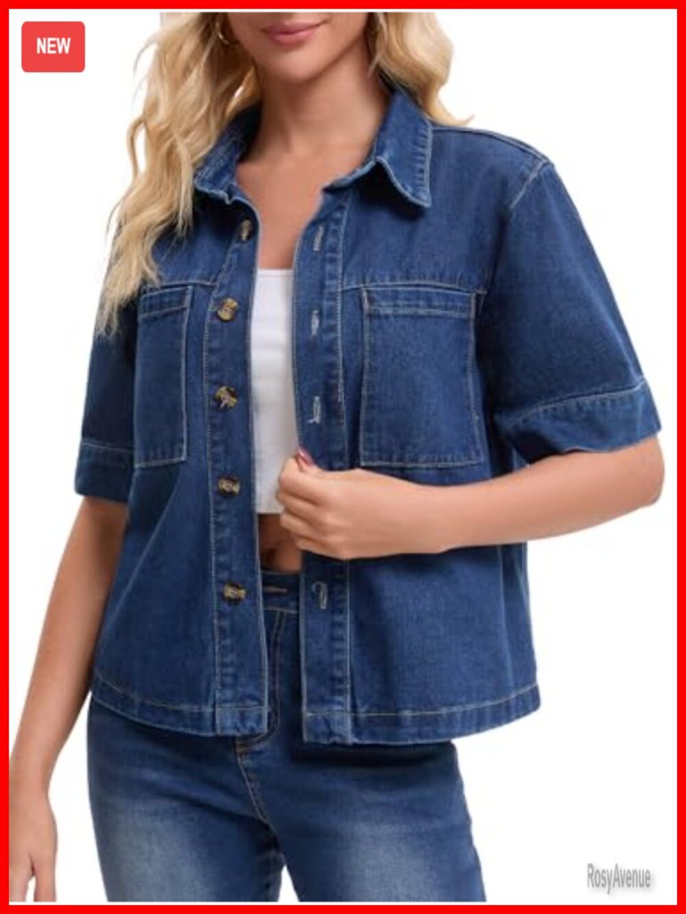 Women's Short Sleeve Denim Jacket Boxy Jean Shirt Top